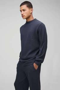 Mens Dark Navy Blue Textured Knit Crewneck <b>Sweater</b> and Matching Jogger Pants Tracksuit OEM ODM Wholesale Apparel - Product Image 3