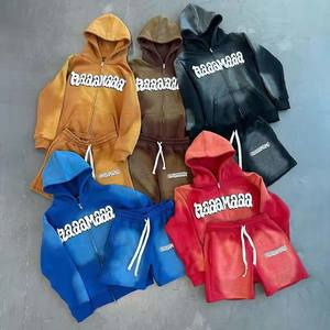 Sudadera con capucha y cremallera de lavado ácido para hombre, conjunto de chándal corto para hombre, chándal bordado personalizado, Sudadera con capucha de algodón polar y conjunto corto - Product Image 1