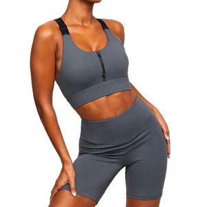 Soutien-gorge de sport gris sans couture pour femme, avec fermeture éclair frontale, maintien élevé, pour l'entraînement, la gym, le fitness, haut court respirant et extensible, vêtements de sport - Product Image 2