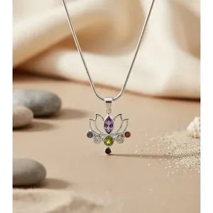 Collier pendentif en argent 925 plaqué rhodium en forme de fleur, avec pierre naturelle Chakra Lotus, pour femme, style bohème, chaîne serpent, cadeau - Product Image 3