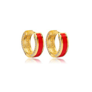 Red Color Enamel Design Clear Zircon Stone <b>Hoop</b> <b>Earrings</b> Turkish Handmade 925 Sterling Silver Jewelry - Product Image 3