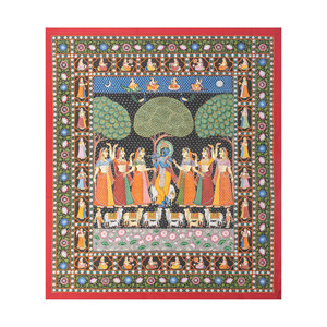 Tapiz de Pared de Tela de Algodón Gris y Negro con Arte Pichwai, Patrón Escénico para Decoración del Hogar - Product Image 1