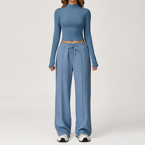 Conjunto Deportivo Casual de Otoño Invierno para Mujer, Top de Manga Larga con Cuello Alto, Pantalones Deportivos de Pierna Ancha, Ropa de Fitness, Ropa para Correr, Logotipo Personalizado - Product Image 5