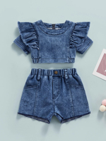 Ensemble de vêtements pour filles 2024, 2 pièces, 2-6 ans, tenue en jean bleu, haut court à volants avec fermeture éclair au dos + jupe en jean