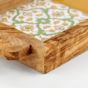 Plateau de service carré esthétique - Plateau ottoman personnalisé en bois d'olivier et céramique pour la décoration moderne de table basse - Product Image 3