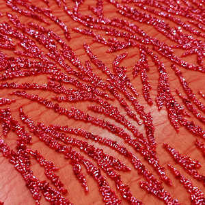 Tela de Lujo Ruby Flame 100% Poliéster con Bordado a Mano y Encaje Tejido, Artículos en Stock - Product Image 1