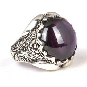 925 Sterling Silver Men's <b>Adjustable</b> <b>Ring</b> Handcrafted Engraving with Round Teardrop Amethyst Stone Bezel Setting Gift - Product Image 2