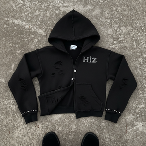 Sweat à capuche zippé personnalisé OEM, épais, déchiré, avec graphique en strass, effet vieilli, style streetwear - Product Image 5