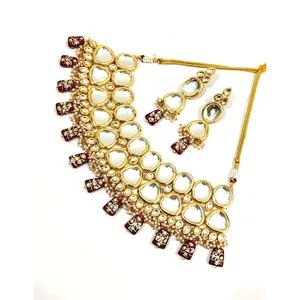 Ensemble de bijoux de mariée de luxe plaqué or 18 carats, serti de pierres Kundan marron et de perles blanches, plaqué or 24 carats pour mariage - Product Image 2