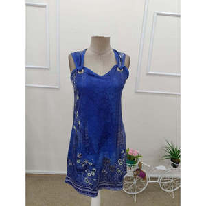 Vestido Corto con Tirantes y Escote en V para Mujer, con Detalle de Ojales y Estampado, 35418 - Azul - Product Image 4
