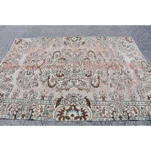 Alfombra turca clásica Vintage Beige Marrón 6,3X8,6 pies Lana hecha a mano con respaldo de látex Patrón de retazos para cabecera - Product Image 4