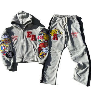 Sudaderas con capucha bordadas vintage personalizadas para hombre, chándal de retazos desgastado con cremallera de lavado ácido, conjunto de invierno con patrón sólido - Product Image 1