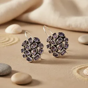 925 Silver Women's Gemstone Jewelry Elegant Amethyst Drop Earrings Fashion Accessory - Product Image 1