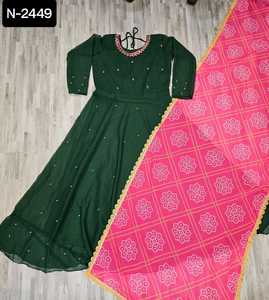 Las últimas mujeres usan vestidos Anarkali elegantes listos para usar con bordado y borde de trabajo Moti con estampado Digital Bandhani Dupatta - Product Image 5