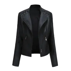 Chaqueta de cuero de manga larga delgada para mujer con cuello levantado con cremallera ropa de motocicleta característica transpirable de moda - Product Image 3