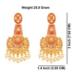 Indian Traditional <b>Jewellery</b> Gold Designer Faux Pearl Enamel Rhinestone Earrings Crystal Dangle Earrings Set, Red - Product Image 4