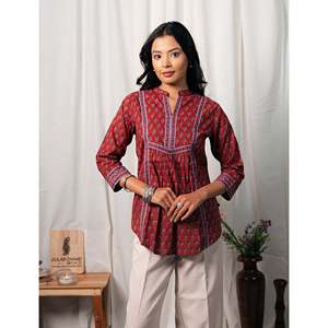 Blusa Roja de Algodón para Mujer, Estampada a Mano, con Decoración de Encaje Bordado, Cuello Asimétrico, Larga, Talla XL - Product Image 1