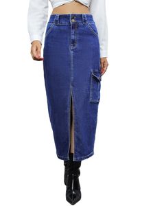 Jupe midi en jean taille haute pour femme, couleur unie, boutonnée sur le devant, fente latérale, silhouette crayon, décontractée, en tissu de coton délavé - Product Image 5