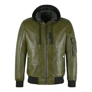 Herren-Kapuzen lederjacke New Green Bomber Style mit abnehmbaren Kapuzen jacken