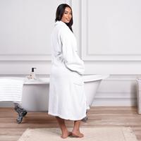 Peignoir long en tissu éponge pour femme, 100% coton, doux, col en V, manches longues, robe classique unie blanche avec ceinture