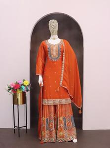 Costumes de palazzo chinon lourds avec broderie Vêtements ethniques de créateur élégants pour les réceptions de mariage et les occasions festives - Product Image 5