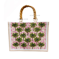 Bolso Tote Hecho a Mano con Cuentas, Diseño de Palmera Tropical, Grande, Colorido, para Playa, Verano, con Cierre Abierto, de Lona