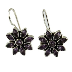 Purple Amethyst Gemstones Genuine 925 Sterling Silver Flower Design Bohemian <b>Charm</b> Earrings Shri Ashapura Jewels Third Party - Product Image 1