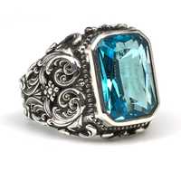 Bague rectangulaire pour homme en argent sterling 925, aquamarine bleue taille émeraude, épaissie, certifiée IGI, bijoux fins pour usage quotidien