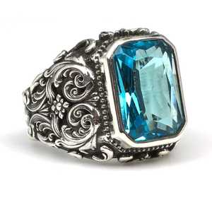 925 Sterling <b>Silver</b> Rectangular Men's <b>Ring</b> Blue Aquamarine <b>Emerald</b> Cut Turquoise IGI Certified Fine Jewelry for Everyday Wear - Product Image 3