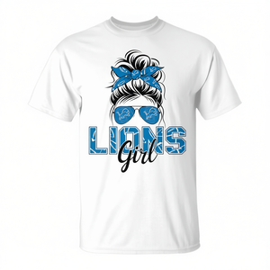 <b>Lions</b> Girl Sports Fan Team T-<b>Shirt</b> with Messy Bun Promotional Customizable Design - Product Image 2