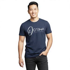 Chemise bleu marine de qualité supérieure pour hommes, col rond, manches courtes côtelées, t-shirt à prix de vente d'usine avec nom de marque personnalisé - Product Image 2