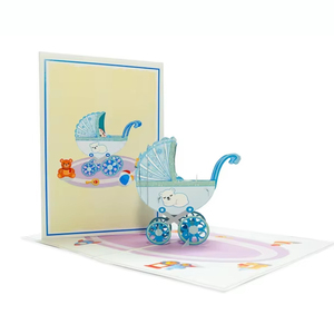 Tarjeta de Baby Shower emergente 3D hecha a mano vietnamita Diseño de cochecito azul cortado con láser a precio competitivo - Product Image 1