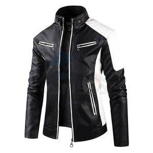 Veste en cuir pour motard homme avec col montant, design bicolore, fermeture éclair intégrale, manteau décontracté d'automne, noir et blanc - Product Image 1