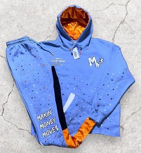 Sweat à capuche court et pantalon empilé ensemble capuche doublée de satin à l'intérieur de l'écran imprimé Logo Design corde cordons survêtement - Product Image 1