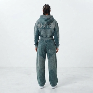 Conjunto de Sudadera Corta con Cremallera y Pantalones Jogger de Pierna Ancha para Mujer, Color Verde Azulado Oscuro, Lavado Ácido, de Algodón y Felpa, Estilo Urbano, OEM al por Mayor - Product Image 2