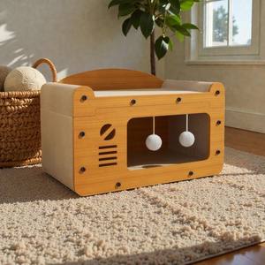 Casa para Gatos de Madera de Dos Niveles con Rascador, Almohadilla Corrugada Reemplazable y Bolas Colgantes, Juguete para Mascotas - Product Image 3