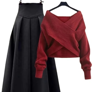 Automne hiver deux pièces ensembles pour femmes tenues bureau dames élégant croix tricot porte pull pull et taille haute jupes ensembles - Product Image 1