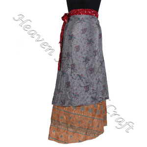 Belle impression indienne Wraps jupes 2 couches réversible magique soie Saris Wrap longue jupe soie Sari tissu Wrap autour de jupe fantaisie - Product Image 6