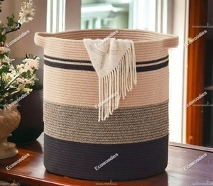 Decorative Fashion Foldable Woven Laundry Cotton Rope Storage Basket Dirty Clothes Storage <b>Hamper</b> for Blankets Clothes Towels - Product Image 3