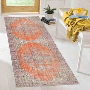 Alfombra de Lana Gruesa Estampada Naranja con Diseño Bohemio Turco de Patchwork, Ecológica, No Tejida, con Respaldo de Látex Suave - Product Image 3