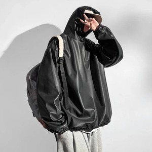 2025 hombres sudaderas PU cuero con capucha manga larga moda Casual sudaderas con capucha Streetwear impermeable Punk pulóver - Product Image 5
