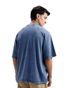 Camiseta de algodón Unisex 220 GSM 100%, ajuste de gran tamaño, azul lavado, serigrafía personalizada, logotipo frontal, patrón sólido de punto - Product Image 2