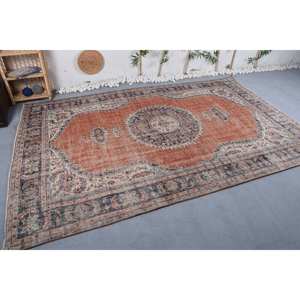 Alfombra turca Vintage de 6,9x10,8 pies, diseño de retazos naranja y azul, técnica de tejido plano de lana, látex para decoración de sala de estar - Product Image 3