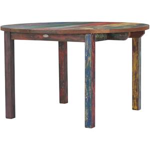 Mesa de comedor redonda hecha de madera de barco reciclada maciza multicolor para uso en interiores y exteriores. - Product Image 1