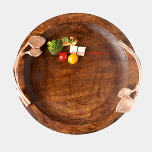 ถาดทรงรีขนาดเล็กทำจากโลหะและไม้ถาดเสิร์ฟของหวานถาดรับประทานอาหารห้องครัวพร้อมที่จับทองแดง - Product Image 3