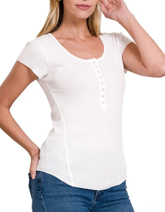 Trendy and Unique Casual <b>Waffle</b> Snap Button Embellished Split Neck Cap Sleeve cozy & relaxed fit women T <b>shirt</b> - Product Image 1