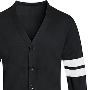 Casual Slim Fit Black V-Neck <b>Cardigan</b> Sweater Jacket Fall Winter Knitted Stripes Embroidered Appliques <b>Lightweight</b> Button Hem - Product Image 6