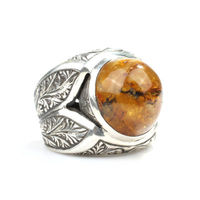 925 Sterling Silber Herrenring mit Pflanzenmuster, Türkis-Bernstein-Stein in Lünettenfassung, Rhodium-Beschichtung, Edle Schmuckstücke für den Alltag
