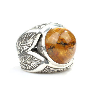 925 Sterling Silver Men's <b>Ring</b> with Round <b>Turquoise</b> Amber Stone Bezel Setting Rhodium Plating Fine Jewelry for Everyday Wear - Product Image 1