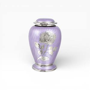 Lavender <b>Purple</b> Cremation Urn with Silver Rose Floral Design and Gloss Finish for Loving Memorial - Product Image 1